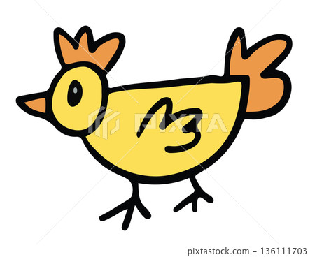 Hand drawn illustration of yellow bird cartoon for animal, zoo, souvenir shop, character, comic, mascot, sticker, kid doll, plush toy, trip, travel, vacation, good morning, nature, garden, skies, icon 136111703