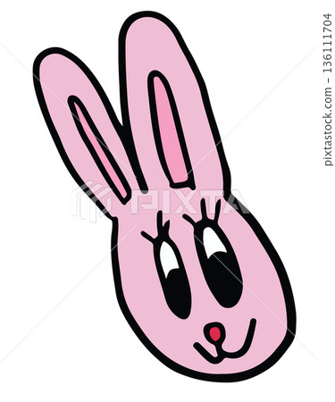 Hand drawn illustrations of happy pink bunny head shape for cartoon characters, comic, mascot, cute patch, rabbit drawing, animal, pet shop, vet, sticker, zoo, souvenir shop, pin, brooch, tattoo 136111704