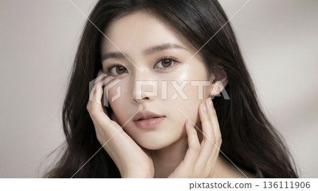 一位美麗的日本女子雙手撫摸臉頰，檢查自己的肌膚狀況（特寫鏡頭）。 136111906