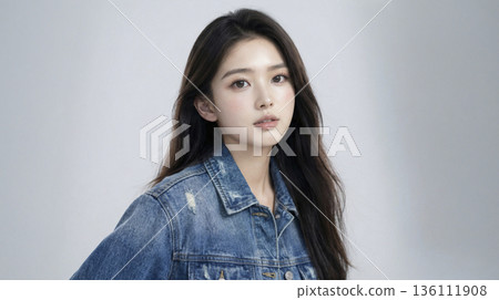 A Japanese woman with long hair wearing a denim jacket and looking at me A Japanese woman with long hair wearing a denim jacket and looking at me 136111908