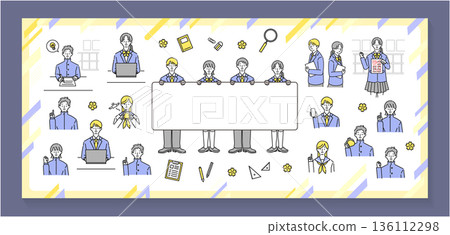 簡潔可愛的學生製服插畫套裝(學校、學習、入學材料) 簡潔可愛的學生製服插畫套裝(學校、學習、入學材料) 136112298