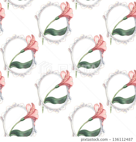 Seamless pattern, vintage oval pearl frame, alstroemeria. Hand-painted watercolor illustration isolated on white for textile, packaging, stationery, wallpaper, branding, wedding design, romantic decor 136112487