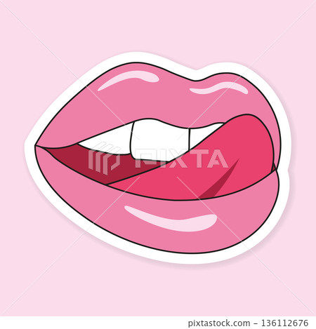 Cute pink lips sticker with tongue in pop art style Cute pink lips sticker with tongue in pop art style 136112676