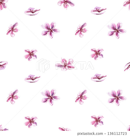 Seamless pattern with peach blossoms. Watercolor illustration of spring flowers for packaging design, fabric printing, interior design, greeting cards, holiday decor, and souvenirs. Seamless pattern with peach blossoms. Watercolor illustration of spring flowers for packaging design, fabric printing, interior design, greeting cards, holiday decor, and souvenirs. 136112723