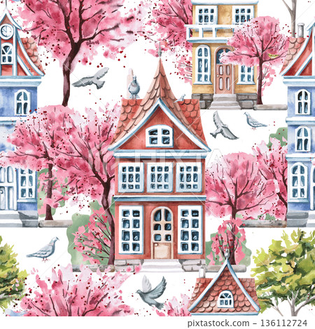 A spring town with colorful houses, blooming trees, and doves in a seamless pattern. Watercolor illustration of a spring town for tourism graphic design, real estate websites, and interior design. A spring town with colorful houses, blooming trees, and doves in a seamless pattern. Watercolor illustration of a spring town for tourism graphic design, real estate websites, and interior design. 136112724