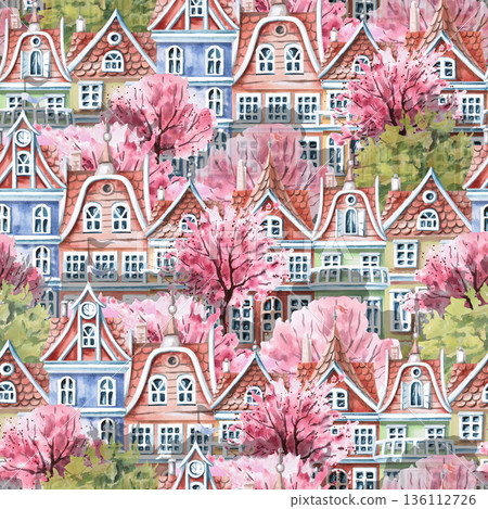 A spring town with colorful houses and blooming trees in a seamless tiled pattern. Watercolor illustration of a spring town for tourism print design, real estate websites, and interior design. 136112726