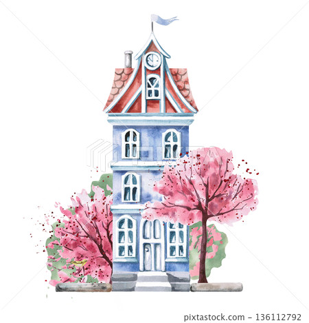 A blue three-story house with a clock and blossoming trees. Isolated watercolor illustration of a spring city for tourism print design, real estate websites, interior design, and poster printing. 136112792