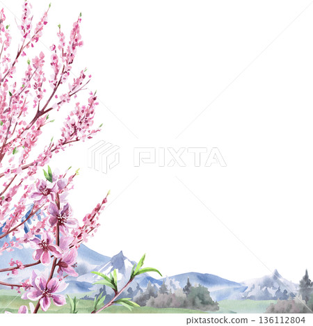 A square frame with blooming peach trees against a backdrop of meadows and mountains. Isolated watercolor illustration for tableware, invitations, product packaging, and interior design. 136112804