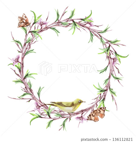 A round frame with blossoming branches, a bird, and butterflies. Isolated watercolor illustration of a spring theme for tableware, invitations, product packaging, and interior design. A round frame with blossoming branches, a bird, and butterflies. Isolated watercolor illustration of a spring theme for tableware, invitations, product packaging, and interior design. 136112821