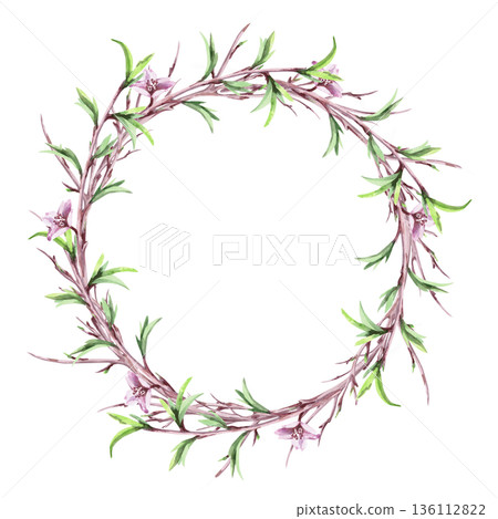 A round frame with blossoming branches. Isolated watercolor illustration of a spring theme for tableware, invitations, product packaging, and interior design. A round frame with blossoming branches. Isolated watercolor illustration of a spring theme for tableware, invitations, product packaging, and interior design. 136112822