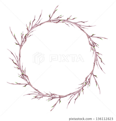 A round frame with branches and young leaf buds. Isolated watercolor illustration of a spring theme for tableware, invitations, product packaging, and interior design. 136112823