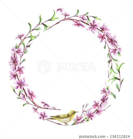 A round frame with blooming peach branches and a small bird. Isolated watercolor illustration of a spring theme for tableware, invitations, product packaging, and interior design. 136112824