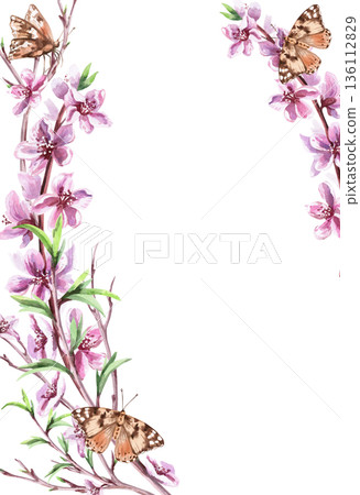 Vertical rectangular frame with blooming peach branches and butterflies. Isolated watercolor illustration for the design of postcards, invitations, interior, packaging printing. Vertical rectangular frame with blooming peach branches and butterflies. Isolated watercolor illustration for the design of postcards, invitations, interior, packaging printing. 136112829