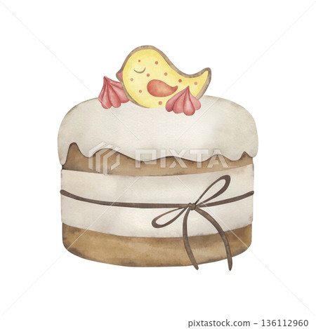 Easter watercolor illustration of a traditional cake with cute bird and meringue isolated on white background. Hand-drawn botanical style clipart for spring greeting card, menu or food design 136112960