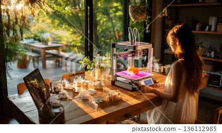 A person crafting a product using a 3D printer in a well-lit workspace. 136112985