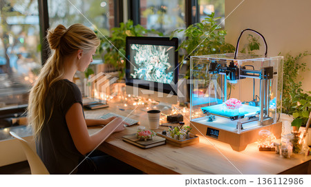 A person crafting a product using a 3D printer in a well-lit workspace. 136112986
