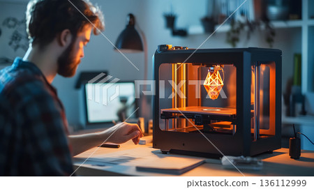 A person crafting a product using a 3D printer in a well-lit workspace. 136112999