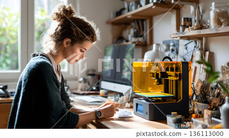 A person crafting a product using a 3D printer in a well-lit workspace. 136113000