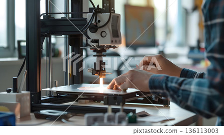 A person crafting a product using a 3D printer in a well-lit workspace. 136113003