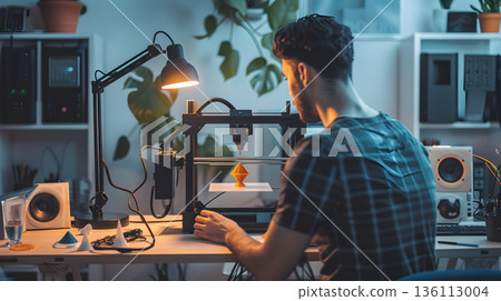 A person crafting a product using a 3D printer in a well-lit workspace. 136113004