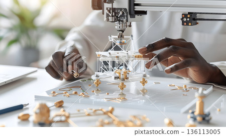 A person crafting a product using a 3D printer in a well-lit workspace. 136113005