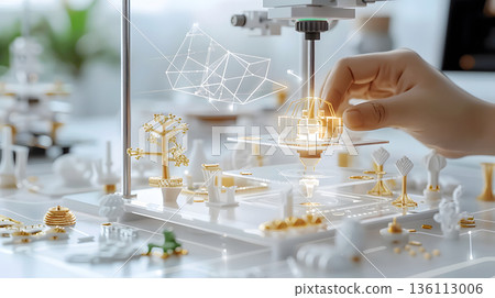 A person crafting a product using a 3D printer in a well-lit workspace. 136113006