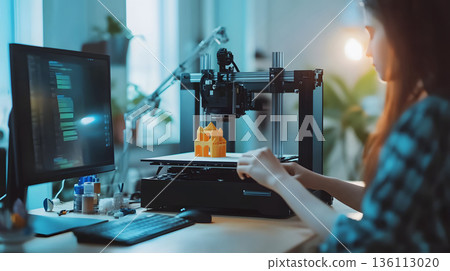 A person crafting a product using a 3D printer in a well-lit workspace. 136113020