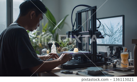 A person crafting a product using a 3D printer in a well-lit workspace. 136113021