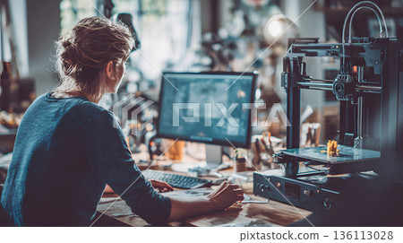 A person crafting a product using a 3D printer in a well-lit workspace. 136113028
