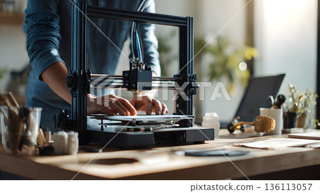 A person crafting a product using a 3D printer in a well-lit workspace. 136113057