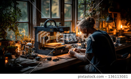 A person crafting a product using a 3D printer in a well-lit workspace. 136113081