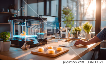 A person crafting a product using a 3D printer in a well-lit workspace. 136113121
