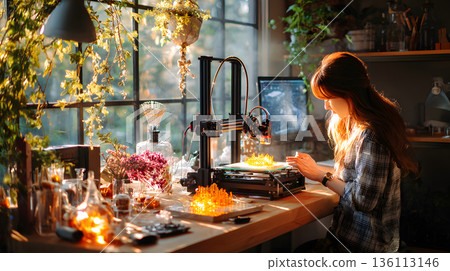 A person crafting a product using a 3D printer in a well-lit workspace. 136113146