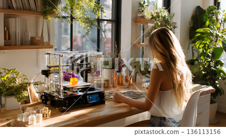 A person crafting a product using a 3D printer in a well-lit workspace. 136113156