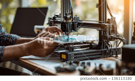 A person crafting a product using a 3D printer in a well-lit workspace. 136113180