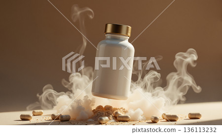 floating white supplement bottle with gold cap and smoke effect. 136113232