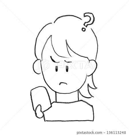 Line drawing of a woman looking at her smartphone and having questions Line drawing of a woman looking at her smartphone and having questions 136113248