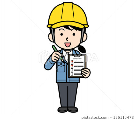 A female site supervisor wearing a helmet filling out a checklist A female site supervisor wearing a helmet filling out a checklist 136113478