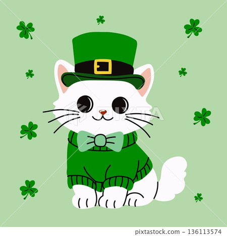 Lucky White Cat Wearing Green Hat and Sweater Lucky White Cat Wearing Green Hat and Sweater 136113574