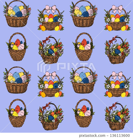 Easter Basket Pattern with Colorful Eggs and Flowers Easter Basket Pattern with Colorful Eggs and Flowers 136113600