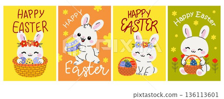 Playful Easter Bunnies with Flower Crowns and Colorful Eggs 136113601