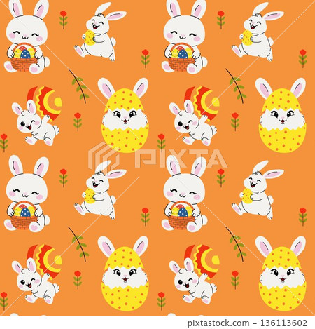 Playful Easter Bunnies with Colorful Eggs and Flowers 136113602