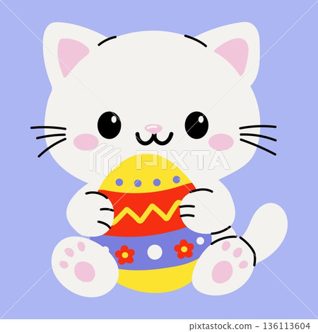 Cute White Cat Holding Colorful Easter Egg Cute White Cat Holding Colorful Easter Egg 136113604