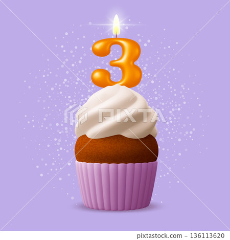 Three Years Birthday Cupcake with Number 3 Candle Three Years Birthday Cupcake with Number 3 Candle 136113620