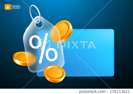 Price Tag With Percentage Sign, Gold Coins And Glassmorphism Effect 136113621