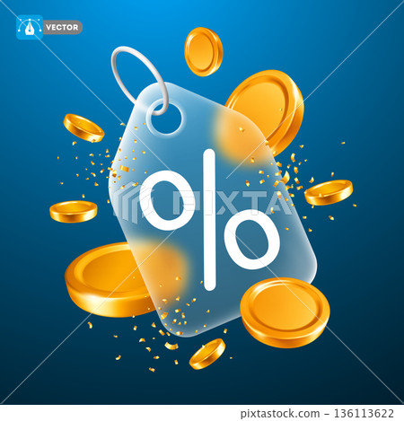 Price Tag With Percentage Sign, Gold Coins And Glassmorphism Effect Price Tag With Percentage Sign, Gold Coins And Glassmorphism Effect 136113622