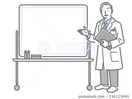 A male doctor explaining using a whiteboard. Simple and stylish line drawing illustration A male doctor explaining using a whiteboard. Simple and stylish line drawing illustration 136113640