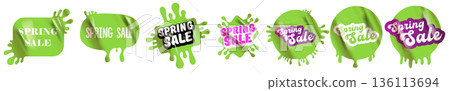 Spring Sale liquid green sticker set with dripping slime effect, vibrant marketing badges for seasonal retail promotions and e-commerce discounts. Vector Spring sale banner collection Spring Sale liquid green sticker set with dripping slime effect, vibrant marketing badges for seasonal retail promotions and e-commerce discounts. Vector Spring sale banner collection 136113694