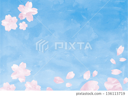 水彩風格背景素材，櫻花在藍天中盛開 136113719