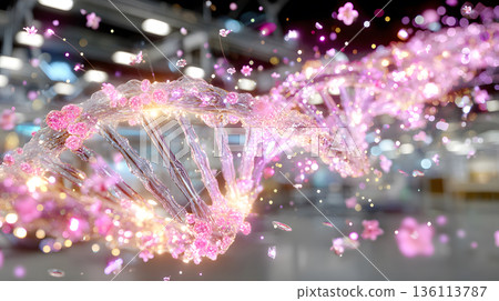 A glowing DNA strand overlaid with holographic AI interface inside a futuristic lab. 136113787